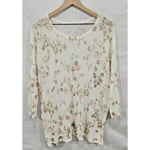 J. Jill Womens Floral Tunic Linen Knit Lightweight Ivory Cottage Coastal Size L